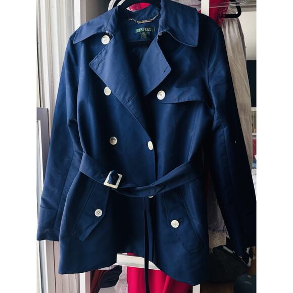 Vintage LRL Lauren Ralph Lauren Blue Trench Coat Sz L 90s - Picture 6 of 8